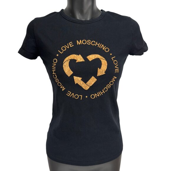 LOVE MOSCHINO Cork Heart-Recycle Logo Black Short Sleeve T-Shirt Sz US 4 - Picture 1 of 5